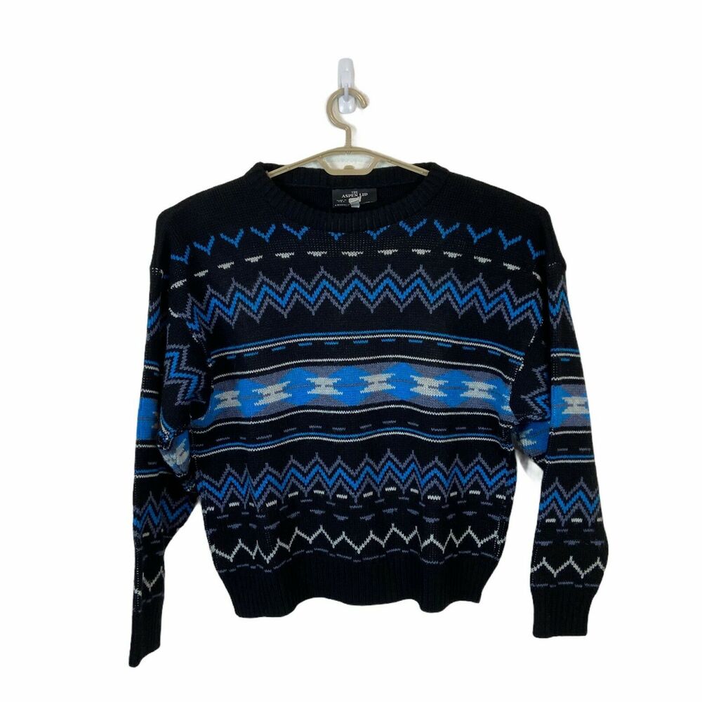 Dad Sweater The Aspen Lid Vintage 80s Men's Black Blue Gray Crew Neck Size XL